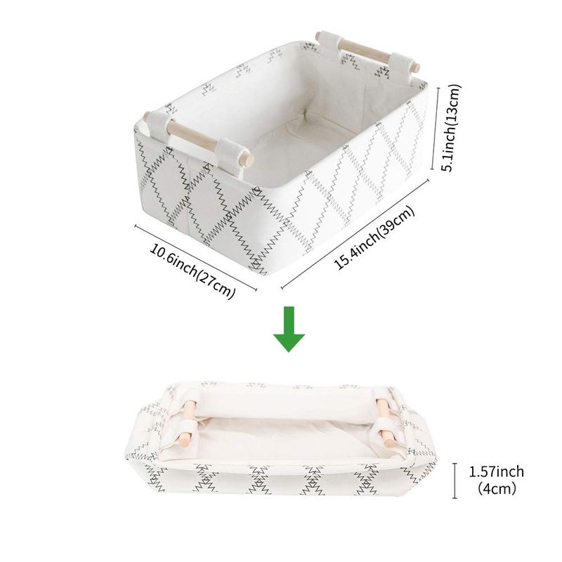 LUFOFOX Decorative Collapsible Rectangular Fabric Storage Bin Organizer Basket with Wooden Handles for Clothes Storage 15.4x10.6x5.1 inch White - Image 2
